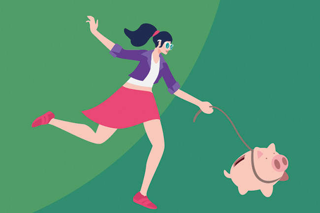 Schroders MoneyLens graphic of a female millennial with piggy bank on a lead