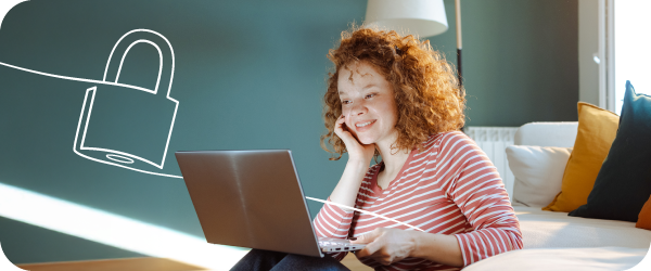 Woman online protected from scams padlock illustration